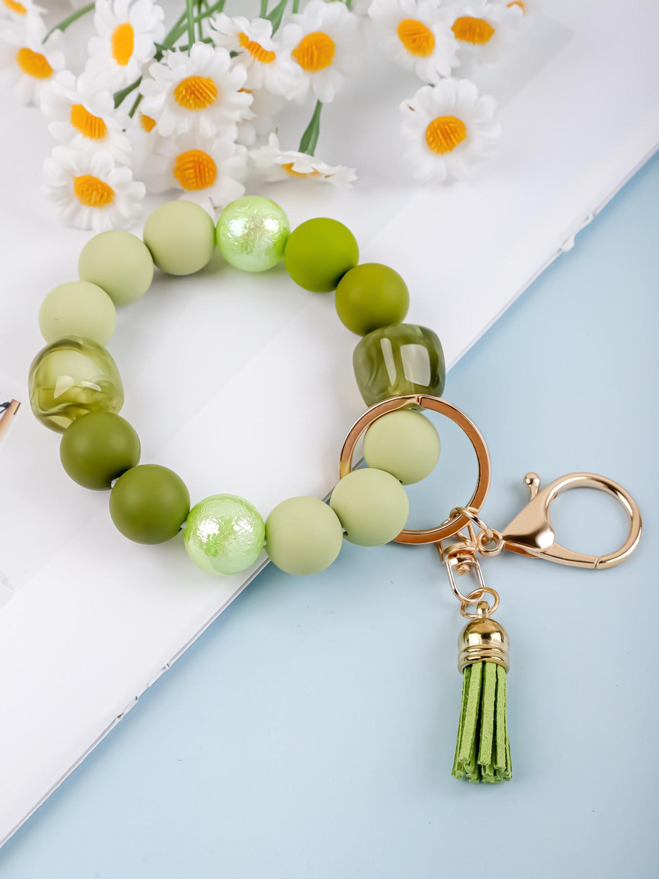 Solid Color Beaded Wristlet Keychain for Women, Matte Silicone Acrylic Beads, Tassel Charm, Minimalist Key Holder, Fashion Gift