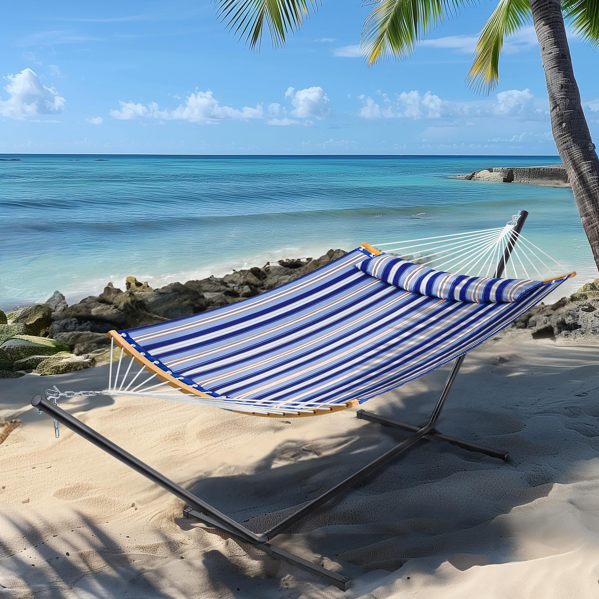 SUPERJARE Hammock with Stand, 2 Person Heavy Duty Hammock with Padded Cotton, Detachable Pillow & Strong Curved-Bar & Portable Carrying Bag, Perfect for Outdoor & Indoor SUPERJARE Hammock with Stand, 2 Person Heavy Duty Hammock with Padded Cotton, Detachable Pillow & Strong Curved-Bar & Portable Carrying Bag, Perfect for Outdoor & Indoor