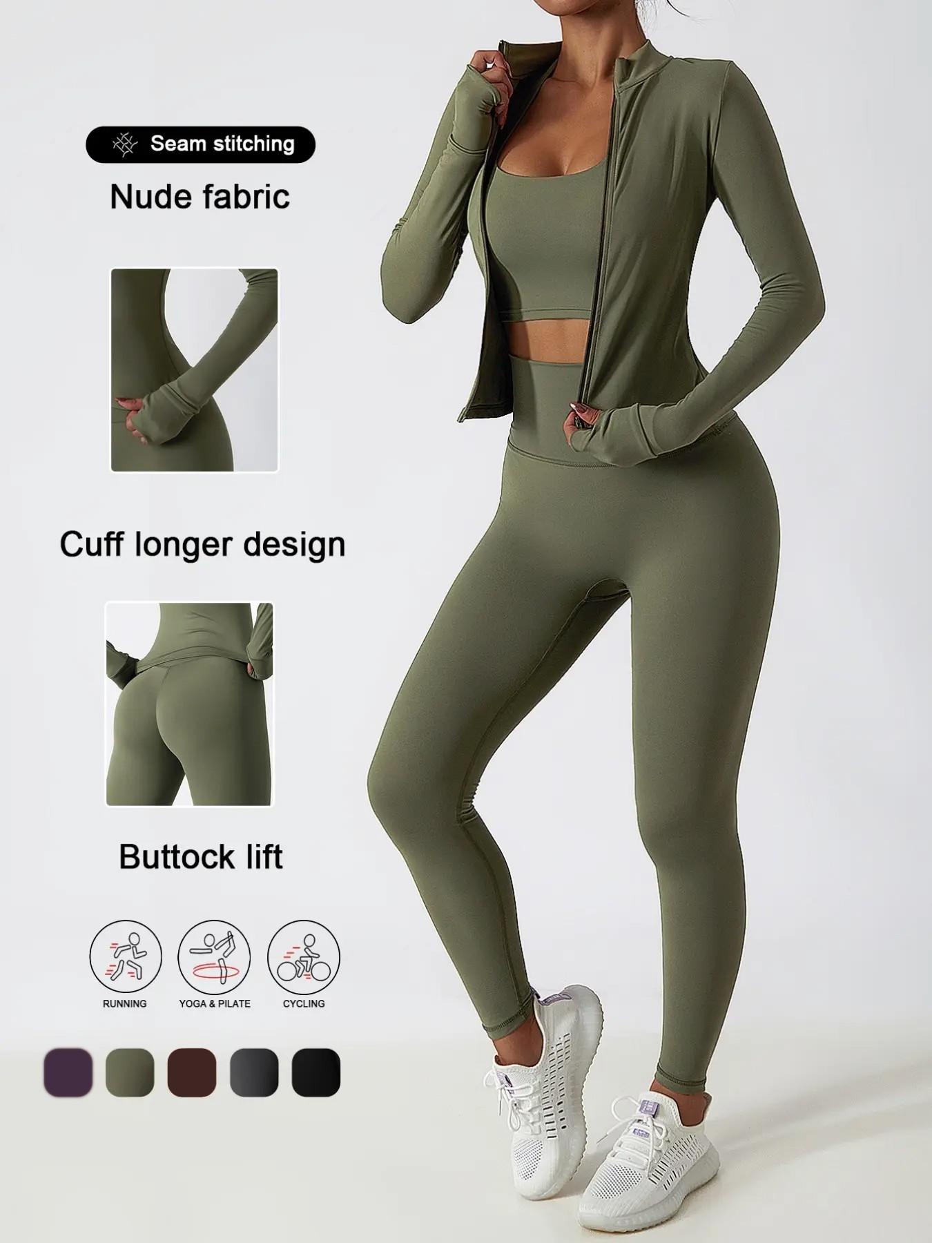 Women's High Waist Zipper Long Sleeve Yoga Pants Set, Elastic and Comfortable, Casual Wear for Daily, Fitness Running Cycling, Sportswear, Gym Outfit