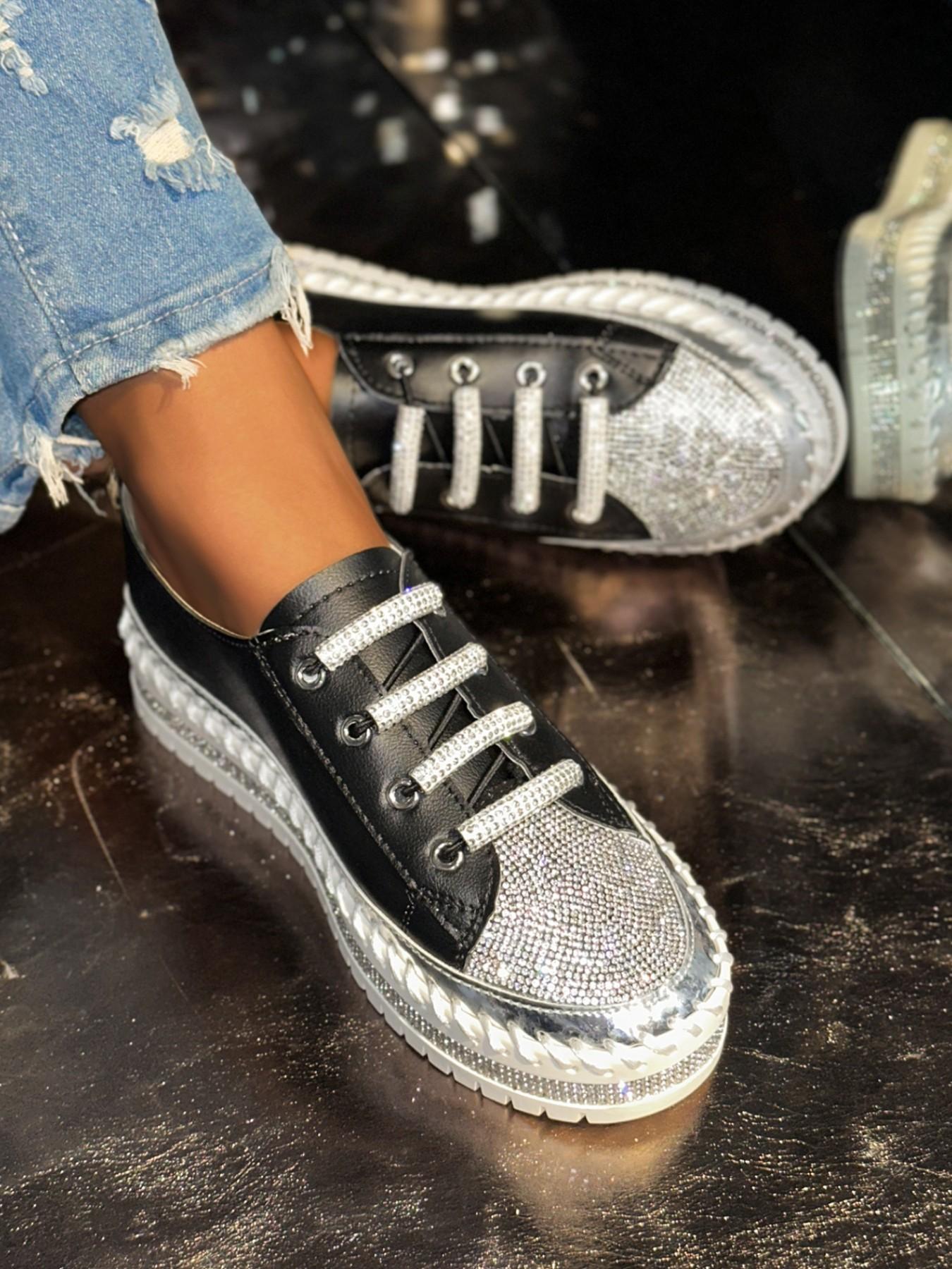 YYW1 Shiny Silver Color Sequins Casual Shoes Footwear Women, Lace-Up Chunky Sole Canvas Sneakers, Perfect Dating and Shopping, Walking Shoes
