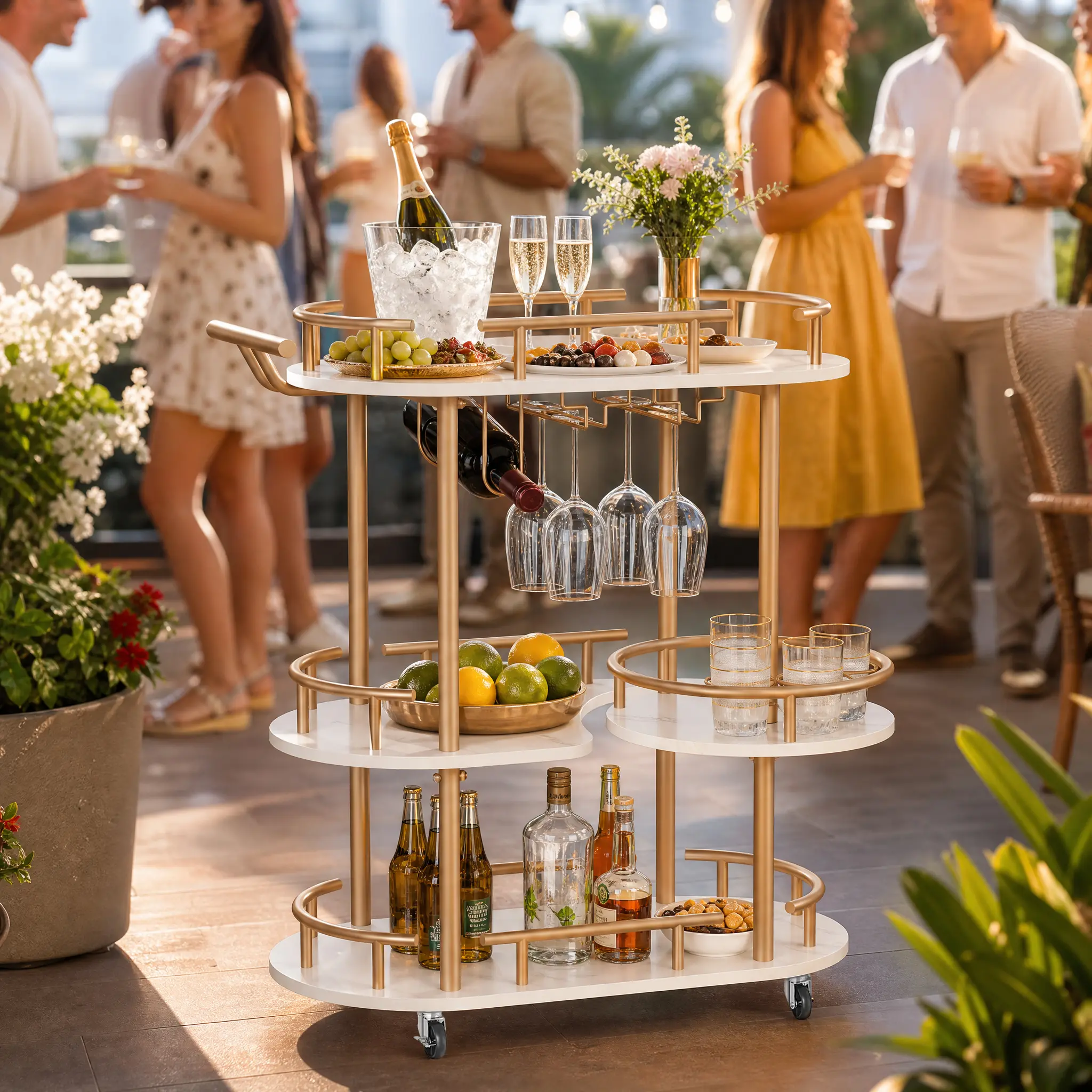 3 Tier Mobile Bar Cart with Wine Rack & Glass Holder, Metal Rolling Serving Cart on Wheels for Home Bar, Kitchen & Party