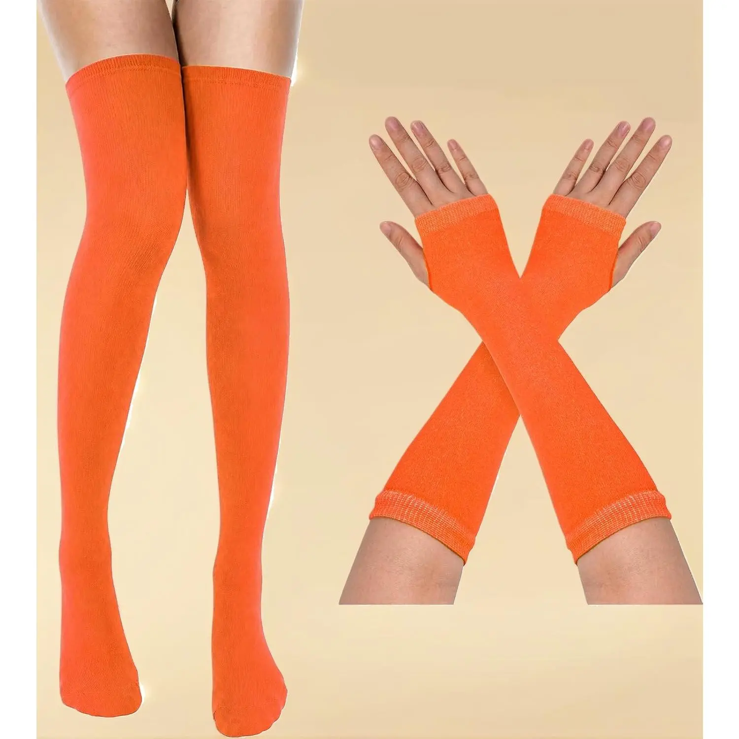 Women's Striped Thigh High Socks & Fingerless Gloves Set – Cosplay Costume Accessories, Over-the-Knee Stockings with Matching Arm Warmers