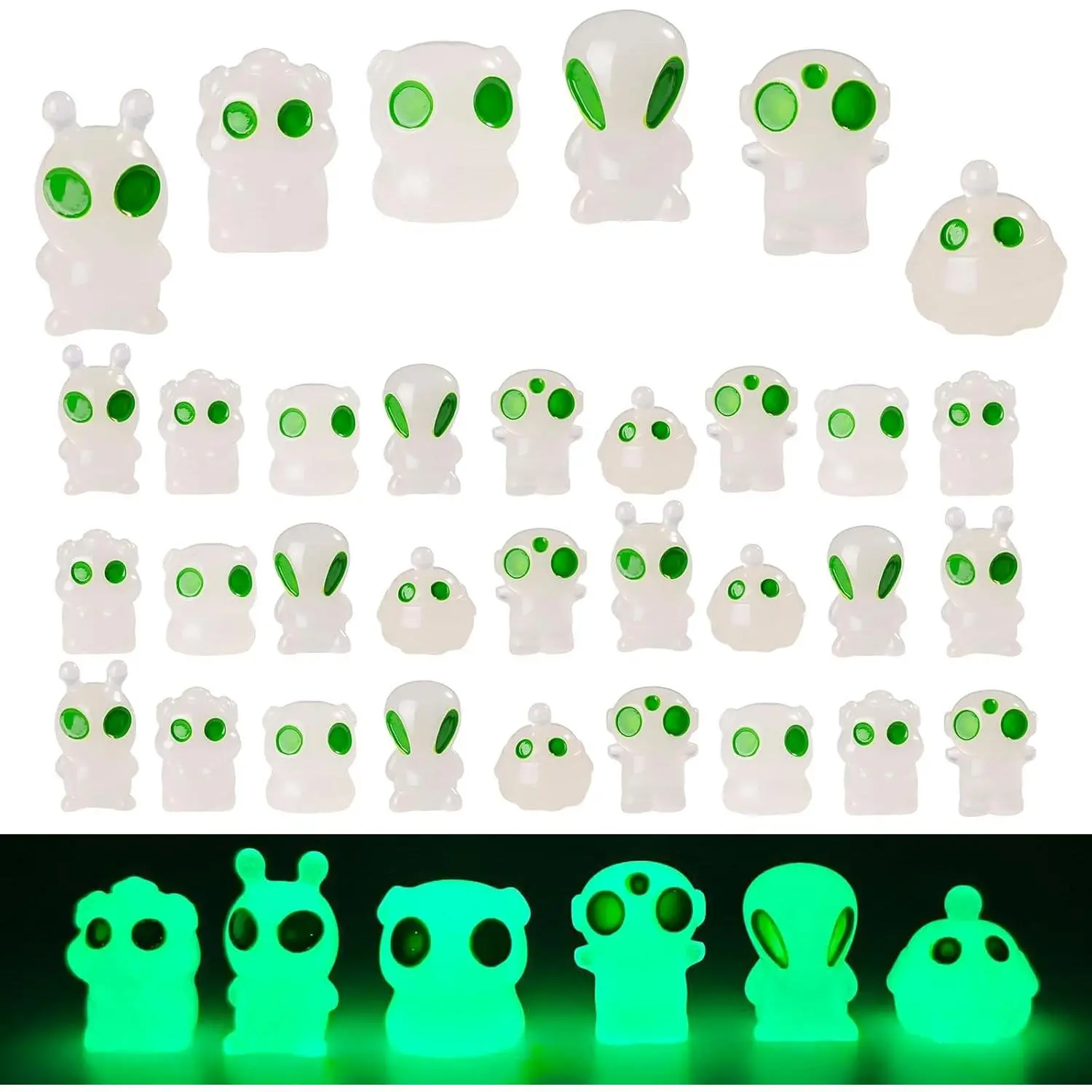 60 Pcs Green Alien Luminous Figurine Tiny Mini Funny UFO Sci-fi Resin Alien for Party Favors Dashboard Decor Desk Collectible Cute Alien Decor Prize Boxes Treasure Boxes Stocking Stuffers