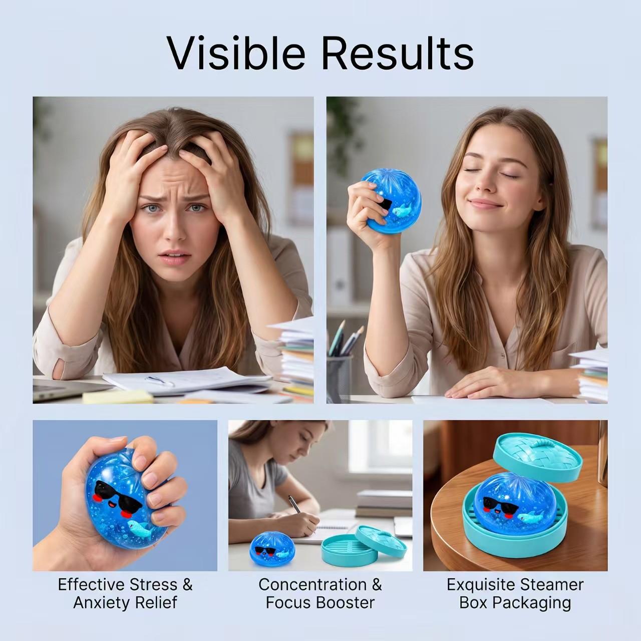4-Pack Blue Shark Baozi Squishy Toy, Cute Decompression Squishy Stress Relief Squeezing Toy with Sunglasses, Mini Steamer Storage Box, Adult & Kids Desk Gift