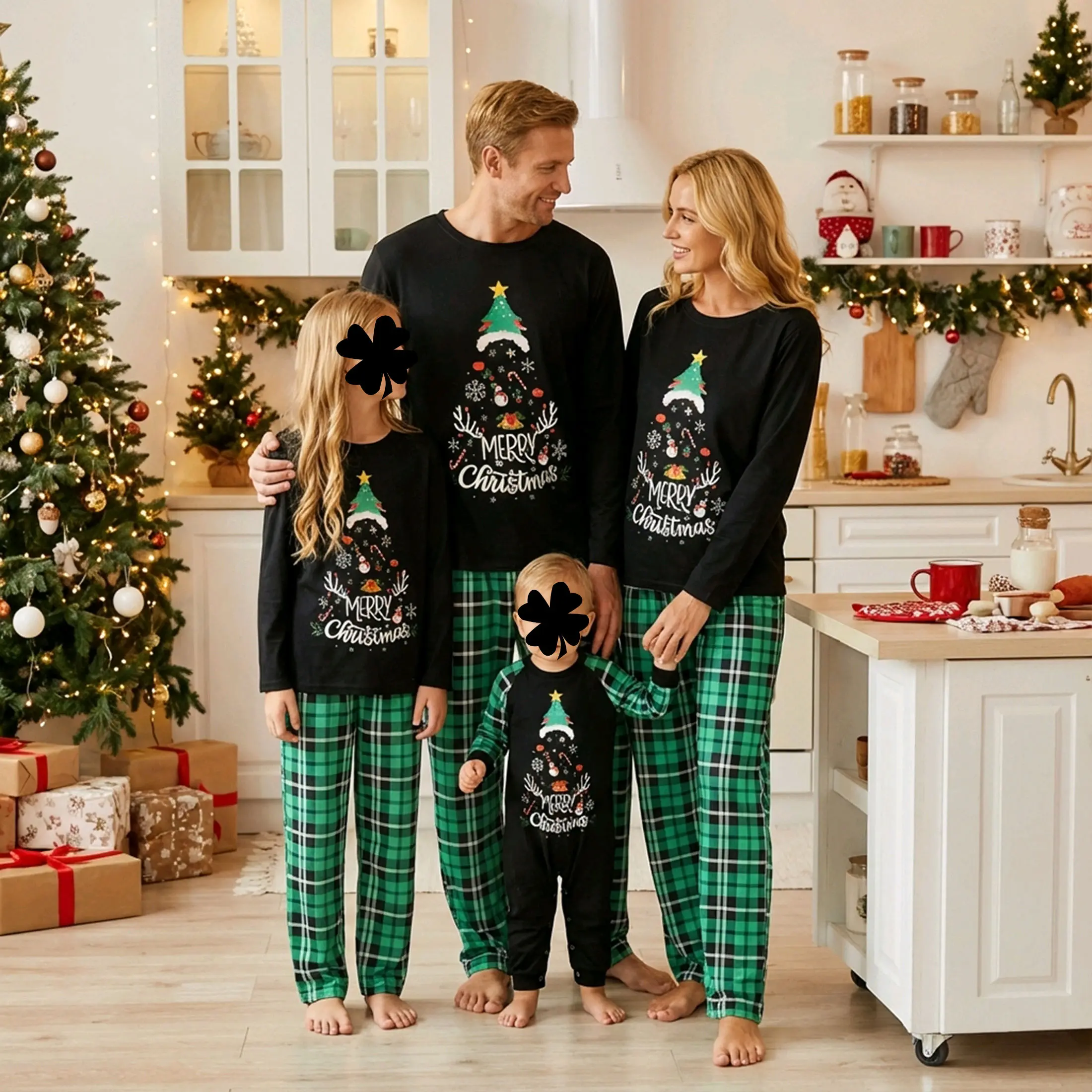 Matching Family Christmas Pajama Set Merry Christmas Tree Print Long Sleeve Tees Green Plaid Pants Holiday Loungewear Sleepwear