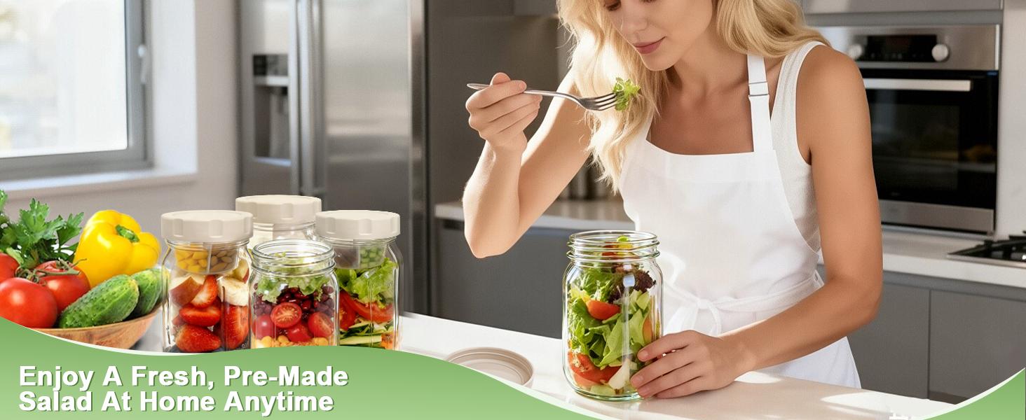 4 Pack Glass Salad Jars with Lids,32oz Mason Jars for Meal Prep,Leakproof Lunch Container with Two Small Built-in Boxes for Wet/Dry Separation of Salad Dressing and Dry Ingredients( Apricot White)