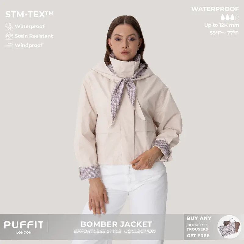 PUFFIT Effortless Style Funnel Neck Bomber Jacket With Adjustable Hem,High Neck Zip-Up Casual Outerwear,Stain Resistant,Windproof,Women's Rain Jacket,Breathable Stylish,Inner Pocket Design,Outdoor Sport,Fall&Winter Jacket,Womenswear,2026 Shopping