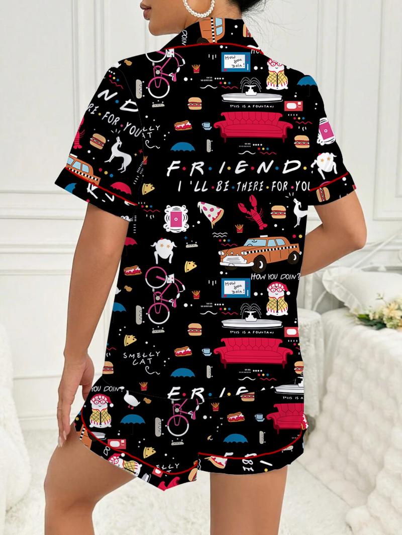 Women's Friends TV Show Sleepwear Loungewear Set, Spring Lapel Shirt & Pants Two-Piece, Short Sleeve Shorts, Party Wear, Fitted Pop Art Print