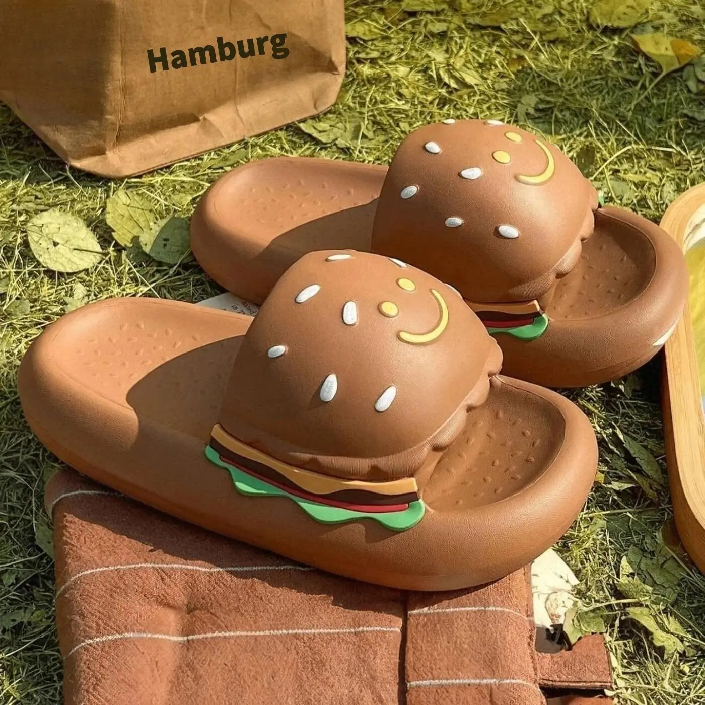Cute 3D Burger Women's Slippers New Cute and Fun Home Thick Bottom Slippers Parent Child Couple Outdoor Slippers