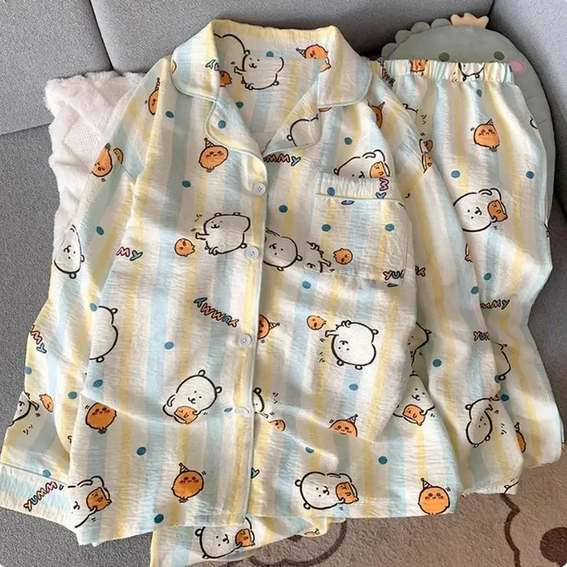 Rilakkuma Joke Bea pajamas for women spring and autumn long-sleeved trousers cartoon girl yellow plaid cute home clothe For All