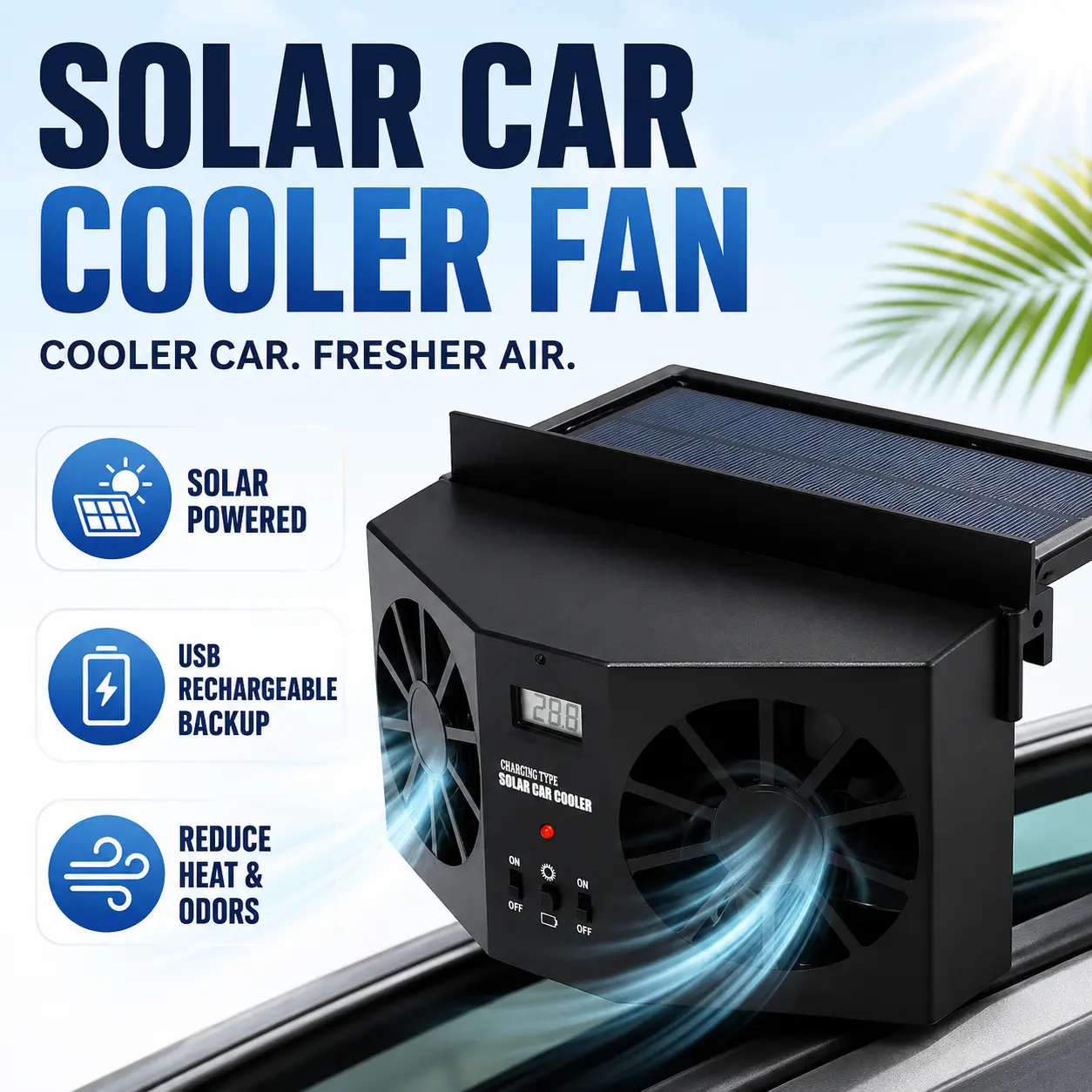 Solar-Powered Car Window Exhaust Fan with USB Rechargeable Backup, Quiet Portable Auto Ventilator for Front & Rear Windows, Helps Release Hot Air, Reduce Odors and Improve Air Circulation in Parked Cars, SUVs and Trucks During Summer