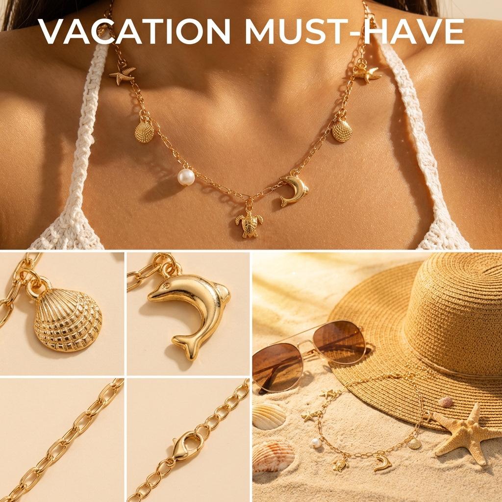 Boho Beach Style Starfish Shell Necklace, Versatile Dolphin Pendant, Perfect for Coastal Vibes, Ideal for Summer