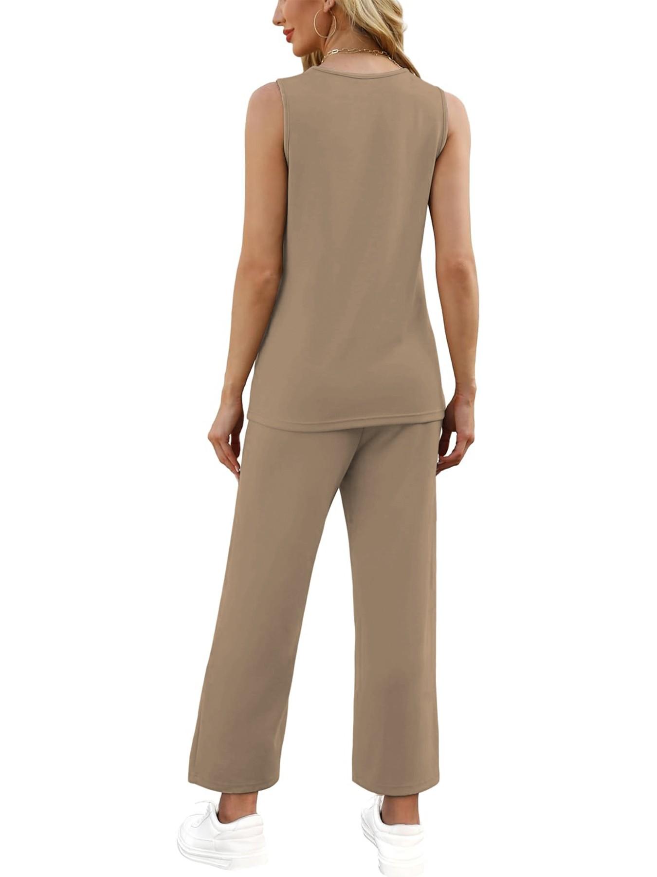 Women's 2 Piece Summer Outfit, Fitted Sleeveless Crewneck Tank Top with Shadow Stripes and High Waist Drawstring Wide Leg Pants with Pockets, Casual Lounge Set