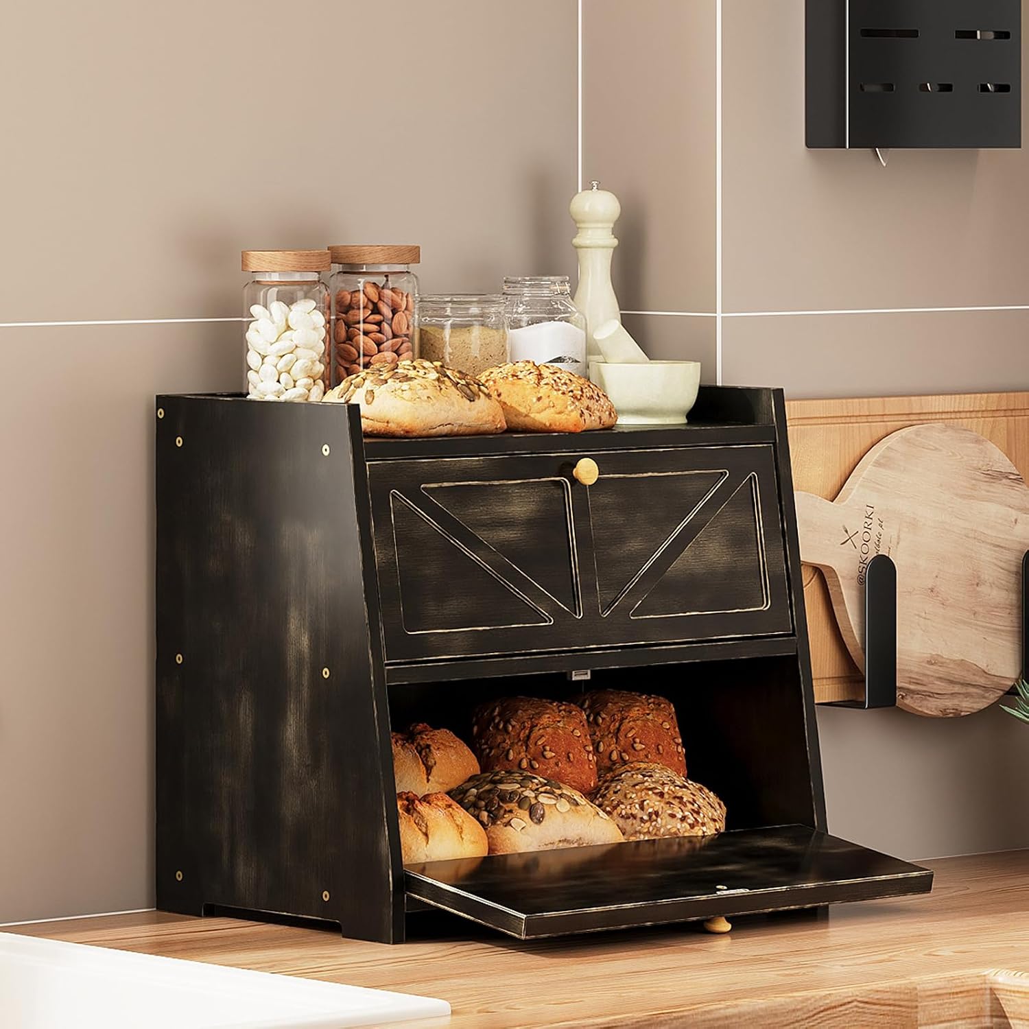 Double Layer Bread Box for Kitchen Counter  Bread Storage Container Large Capacity Bread Storage Bin (Antique Black)