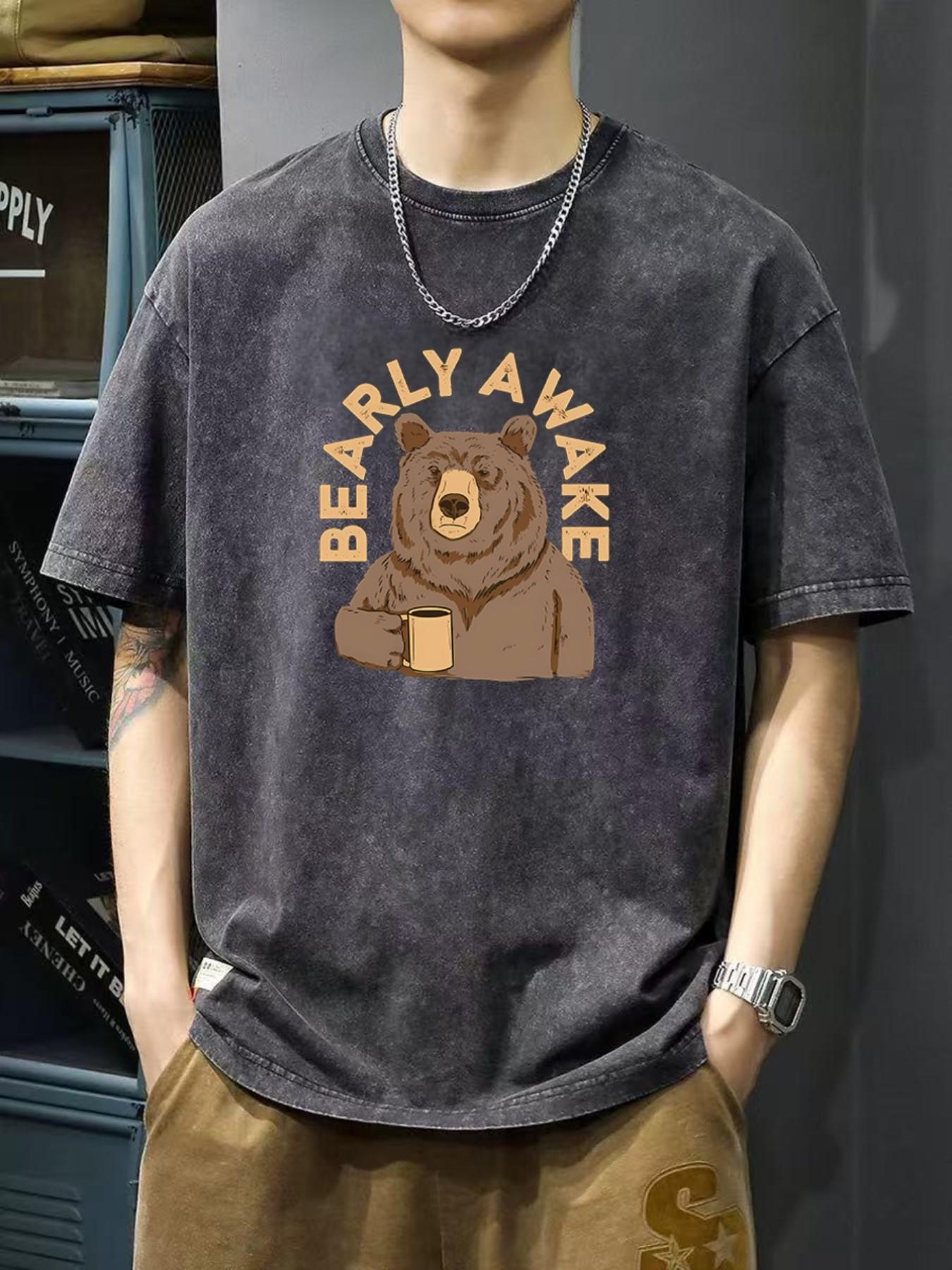 Men's Vintage Washed Bear Hugging Coffee Print Loose T-Shirt, Cute Casual Streetwear Short Sleeve, Coffee Lover Relaxing Top