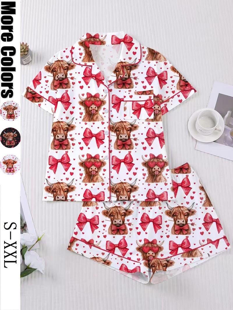 【Valentine's Day】Women's Valentine's Day Sleepwear Set Pajamas, Soft Short Sleeve Top & Elastic Shorts, Casual Home Wear, Fashionable Daily