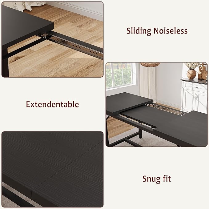 Dining Table Set for 4-6, 63" Extendable Dining Room Table Set With 2 Upholstered Benches, 3 Piece Large Rectangle Kitchen Table Set With Metal Frame for Apartment, Saving Space