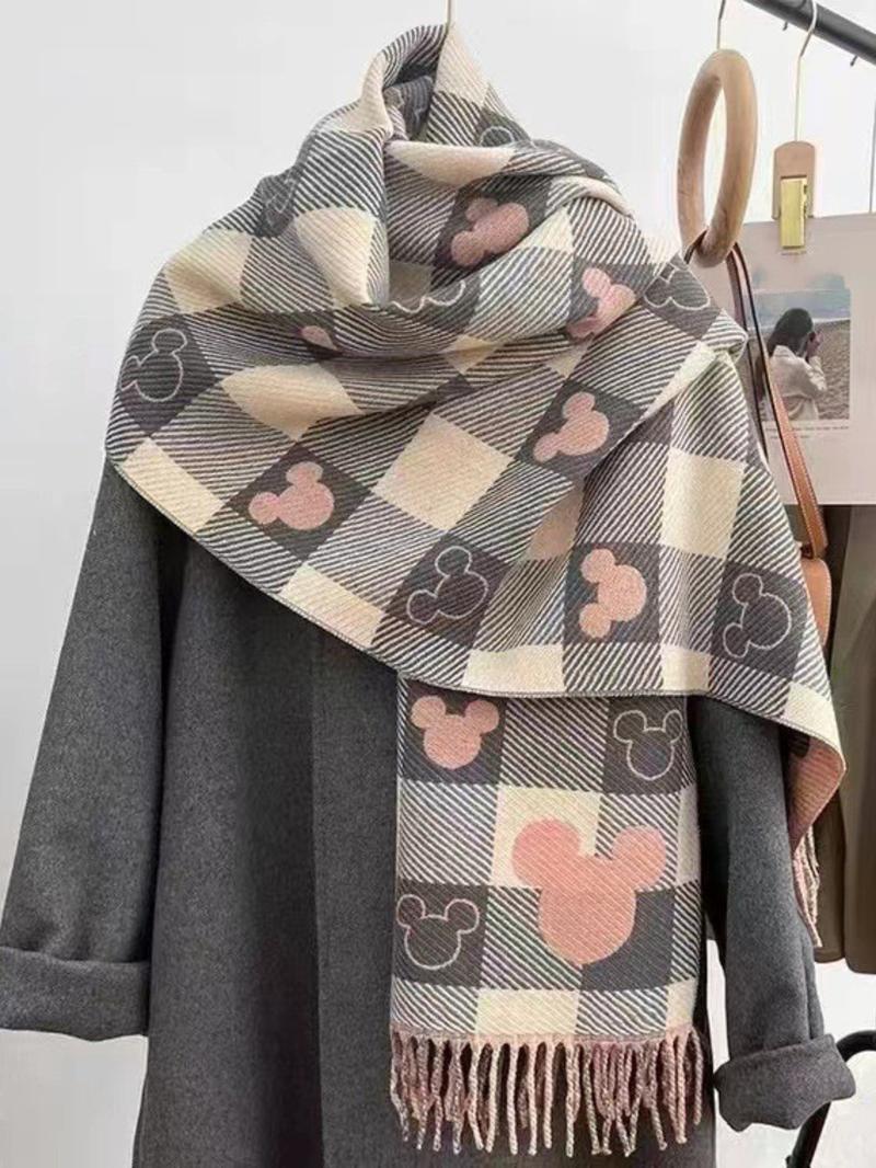 Elegant Plaid Bear Pattern Fringe Casual Scarf, Soft Warm Thick Shawl, Unisex Fashion Accessory, Perfect for Fall & Winter