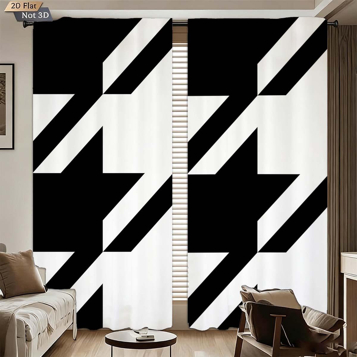 2pcs Creative Geometric Checkered Print Curtains, Light Blocking Drapes, Polyester Fiber, Kitchen Bedroom Office Living Room Decor