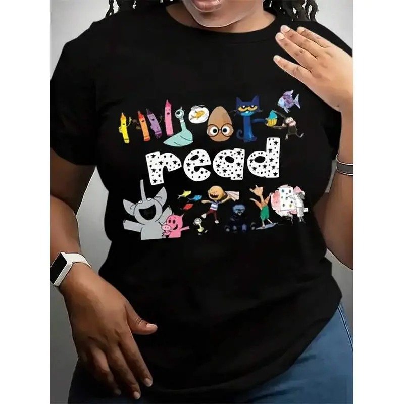Casual Loose Fit Read S' Books Teacher T-Shirt - Black Round Neck With Playful Animal & Book Illustrations, Machine Washable, Educator Appreciation Gift For Kindergarten Teachers, Back To Outf