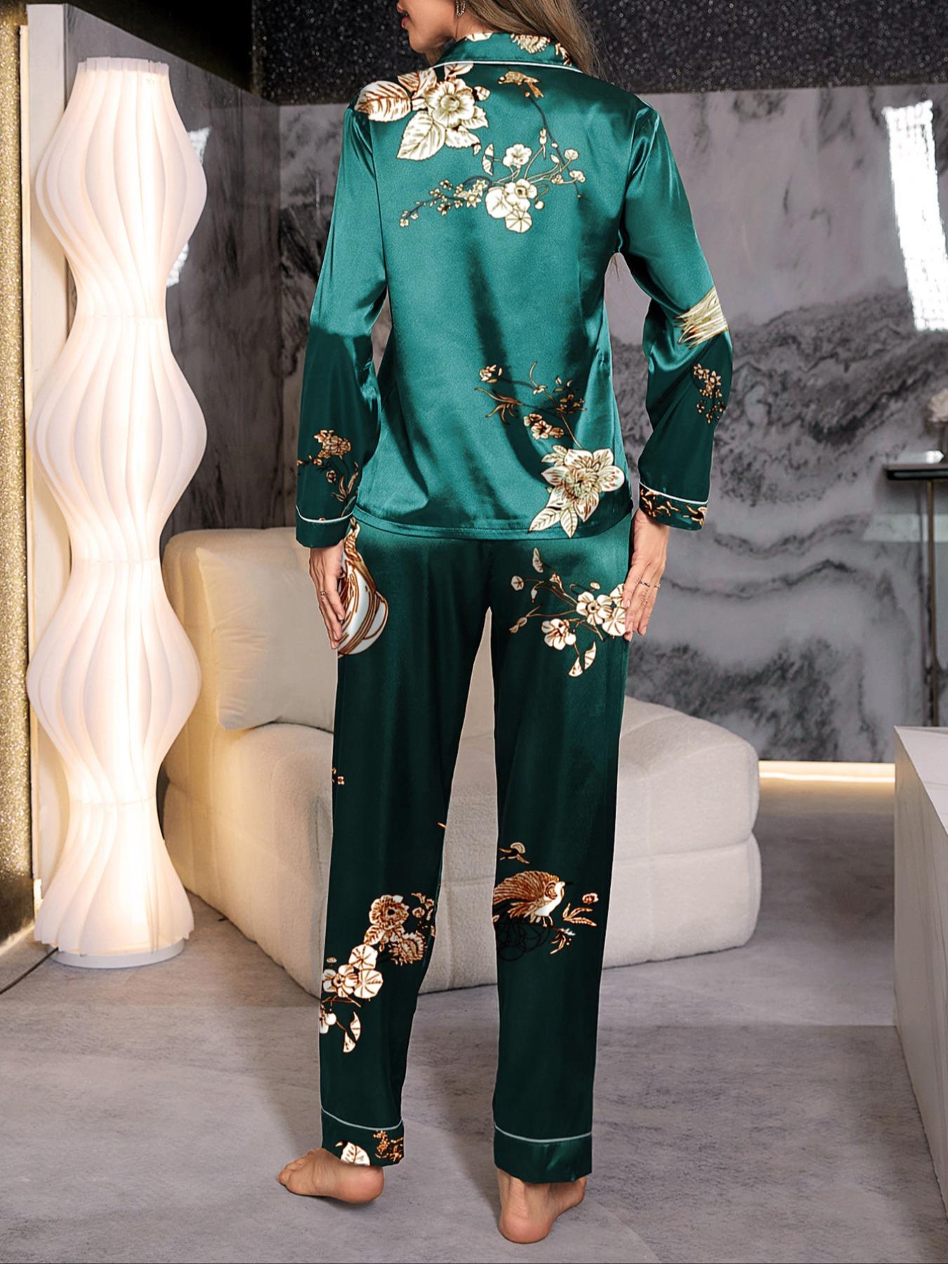 Elegant Women's Long Sleeve Floral Printed Lapel Pajama Set, Loungewear, Fitted Homeewear, All over Print, Casual Style, All Seasons