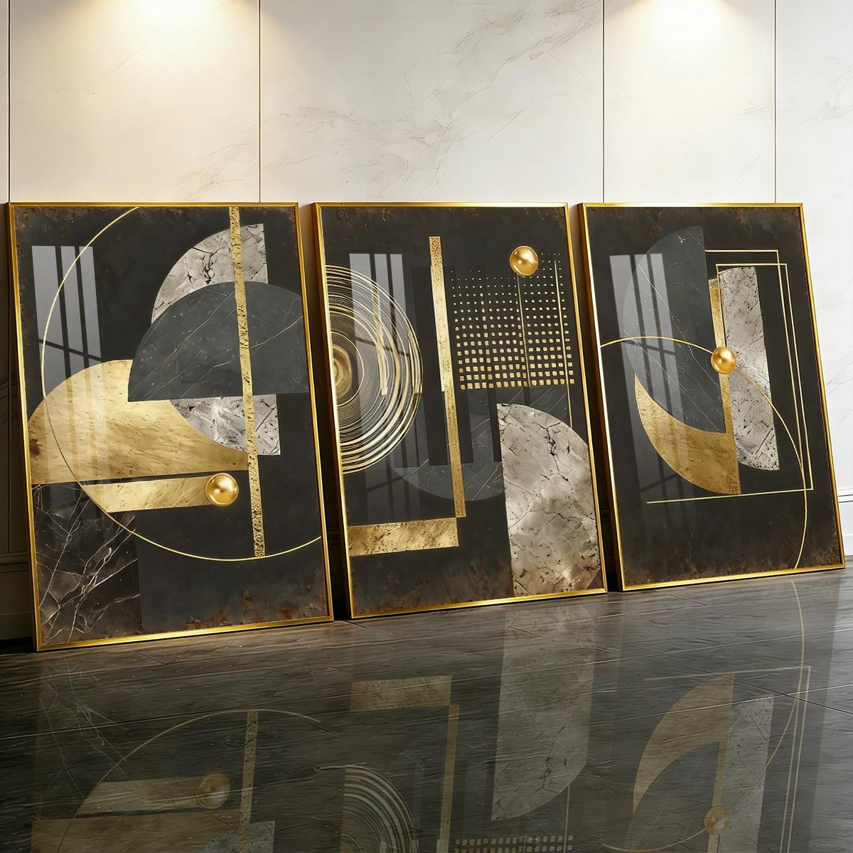 3 Counts Aluminum Alloy Framed Painting, Abstract Geometric Gold And Black Art Pictures, Home Decoration For Living Room, Bedroom, Office, Restaurant, Hallway Wall Decor, Odorless Print Artwork, Luxury Perfect Gift For Friends And Family