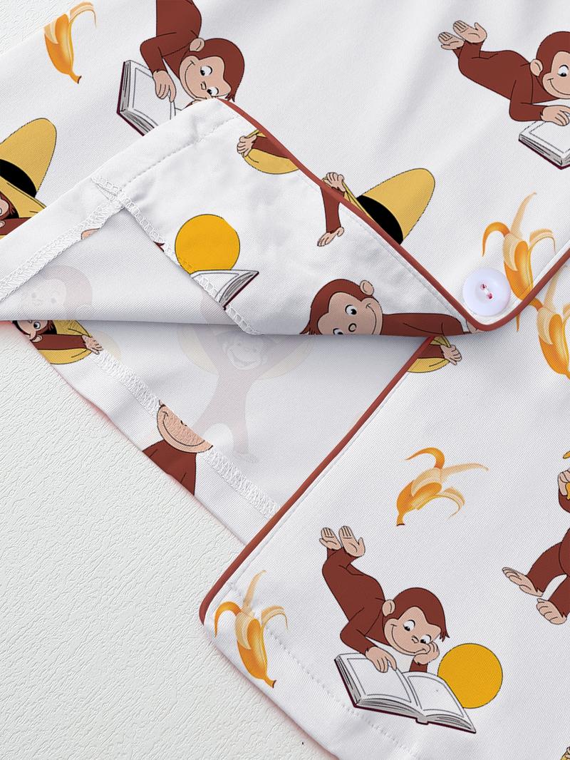 Cute Monkey Pajama Set for Women, Long Sleeve & Pants, Elastic Waist, Comfortable Christmas Gift, Fall Winter Home Wear