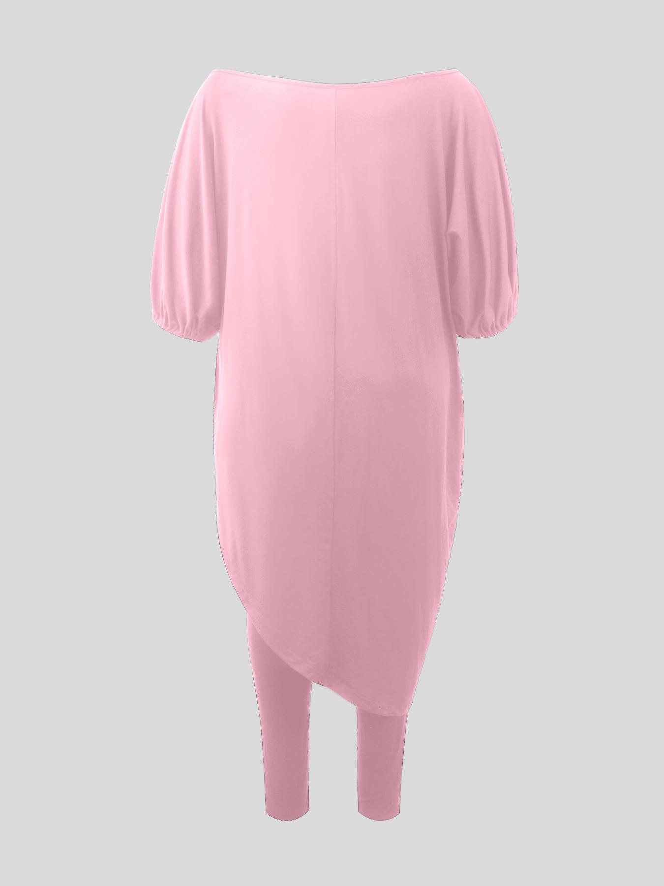 【Plus Size】 Women's Two-Piece Set Asymmetrical Hem Lantern Sleeve Top & Elastic Waist Pants, Casual Three Quarter Length Sleeve Boat Neck Top & Trousers for Daily Wear, Women's Two-piece Outfits for Fall & Winter, Clothes