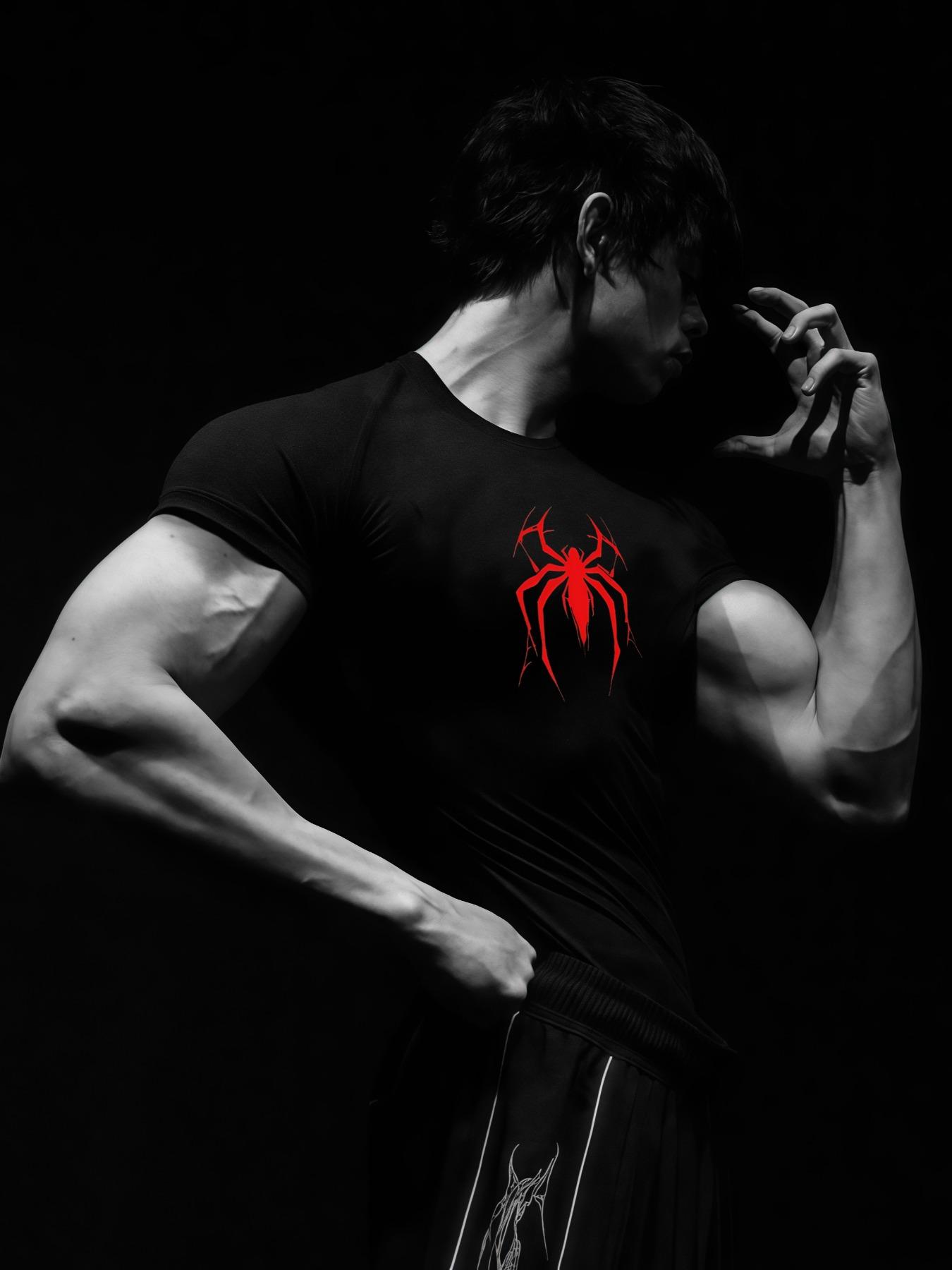 1-Pack Men's Quick Dry Compression T-Shirt with Spider Print, High Stretch Breathable Athletic Base Layer Tee, Moisture Wicking Performance Shirt for Gym, Fitness, Running, Daily Active Wear, Workout Clothes