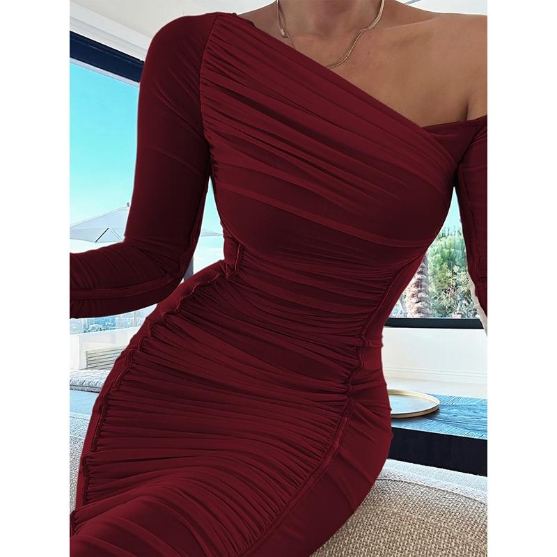 Women's Striped Ruched Asymmetrical Neck Bodycon Dress, Elegant Long Sleeve Dress for Parties, Clubs and Dates, Women's Clothing for Spring & Fall