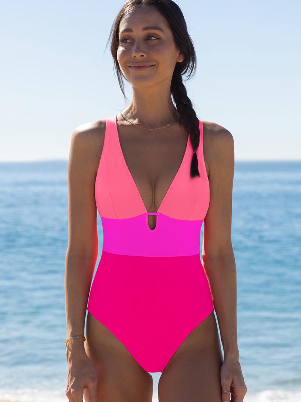 Popvil Back Strappy Plunge Color Block One Piece Swimsuit Tummy Control High Waisted Neon Swimsuit for Women, Neon One Piece