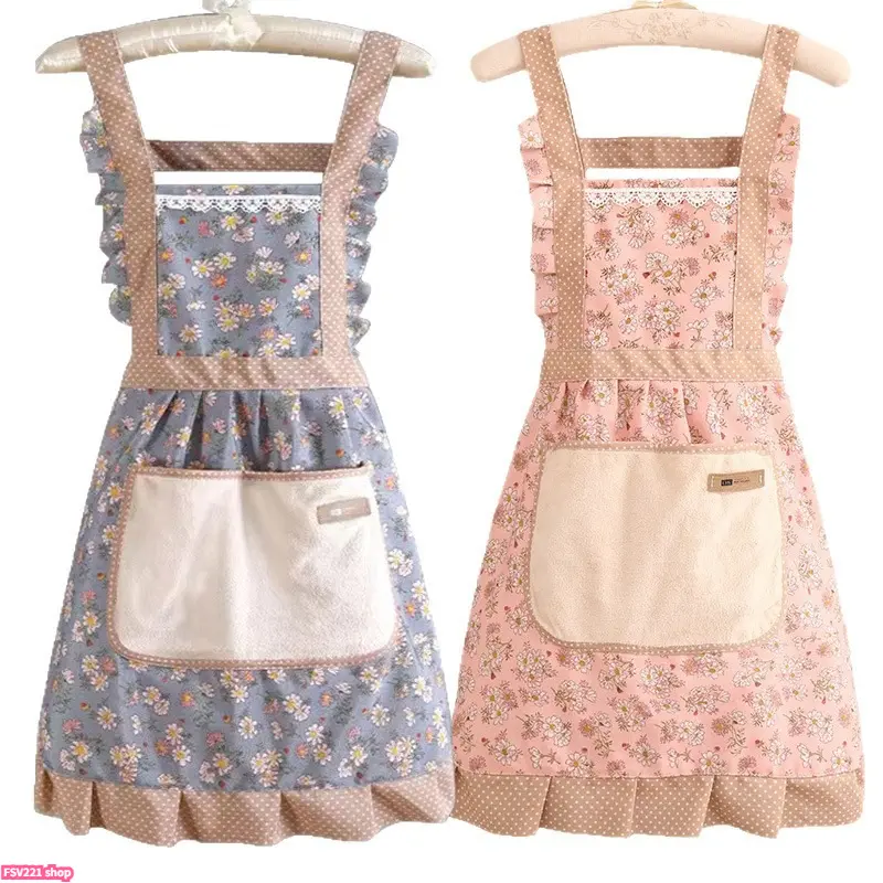 Women’s Floral Canvas Cooking Apron - Princess Dress Style, Adjustable Cross Back Strap, Multi-Pocket Design, Wipeable, Flowery for Baking, Gardening, Pink, Floral Princess Dress Double Pocket Pink