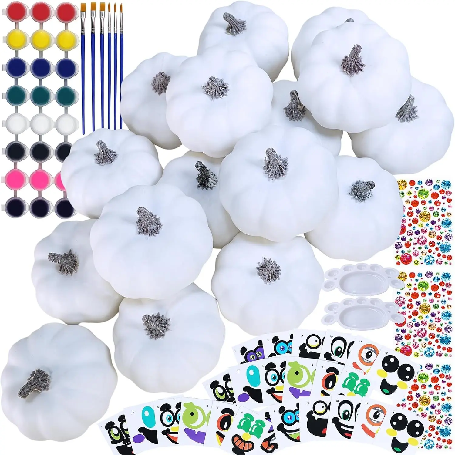 16 Sets 3" DIY Fall Pumpkin Painting Kits Paint Your Own Pumpkins White Foam Craft Pumpkins with Jack-O-Lantern Face Stickers for Classroom Thanksgiving Halloween Decor Holiday Party Activities