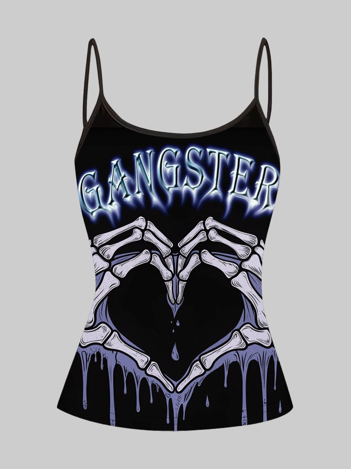 Gothic Skull Heart Cross Print Straps, Dark Sexy Slim-Fitting Top Set of Three, Casual Sleeveless Clothing for Women