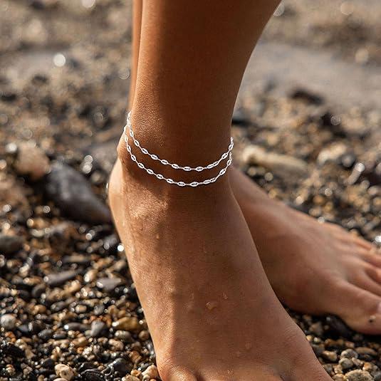 Tewiky Lips Ankle Bracelets for Women Dainty Waterproof Layered Anklets Trendy Waterproof Fashion Jewelry Gifts for Women For Summer Rhodium Plated