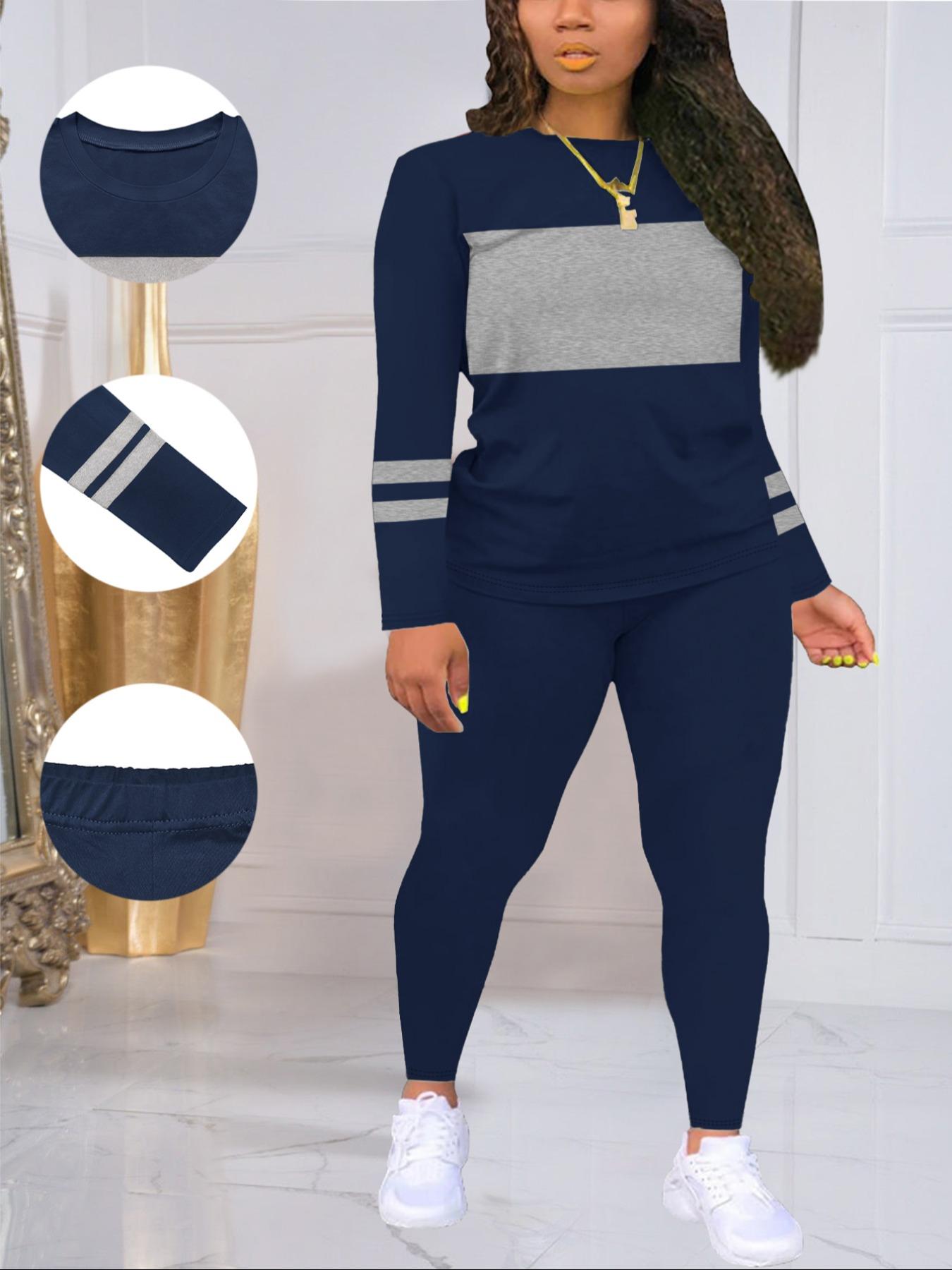 [Plus Size] Women's Fall Winter Fitted Patchwork Suit, Casual Basic Two-Piece Set, Sweatsuit Set Outfit, Athleisure Wear Set, Perfect for Parties Work Leisure Sports Wear, Sports Clothing Set