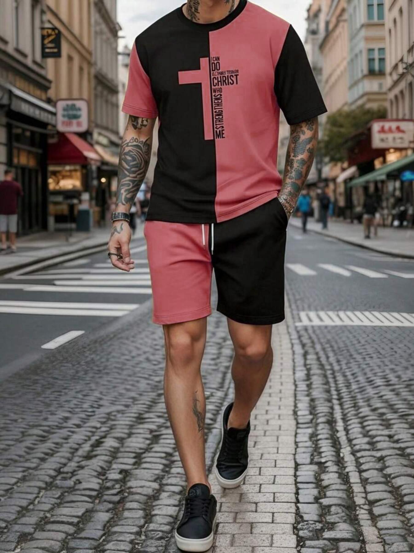 Men's Vintage Religious Style Two-Piece Set, Loose Fit Cross Print Short Sleeve T-Shirt + Gym Shorts, Fashionable for Men