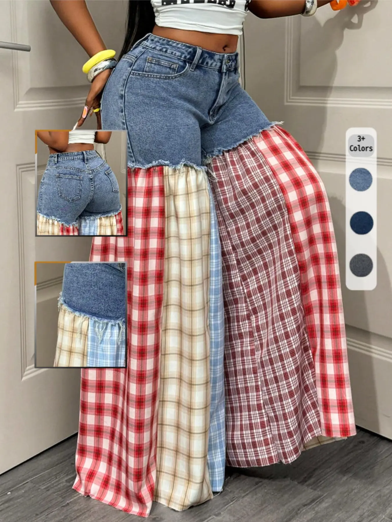 Women's Elastic Denim Patchwork Plaid Loose Long Pants, Comfortable and Stylish Design, Perfect for Casual Wear, Ideal for Daily Use