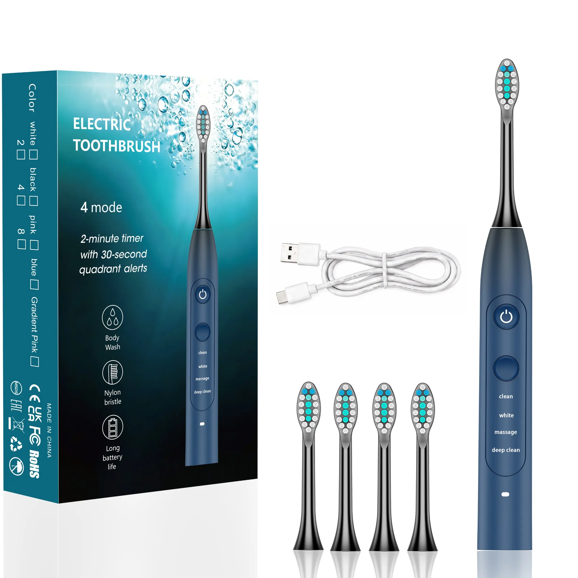 Sonic Electric Toothbrush for Adults, 39600 Vpm Rechargeable, 4 Cleaning Modes, 2-Min Timer, Ipx7 Waterproof, 45-Day Battery, 4 Brush Heads