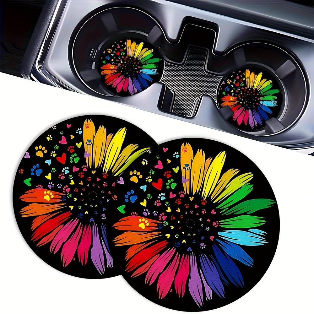[Car Cup Coaster] 2pcs Colorful Sunflower Pattern Car Coaster, 2.755-inch Round Decorative Car Coaster, Home And Car Water Cup Mat, Beverage Mat, Men'S And Women'S Car Interior Accessories, Colorful Heart And Dog Claw Print Decorative Coaster