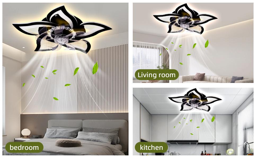 Ceiling Fans with Lights Remote Control, 27" Black, 6 Speeds 3 Light Color Lighting Low Profile Flush Mount Modern Ceiling Fan for Kitchen Bedroom