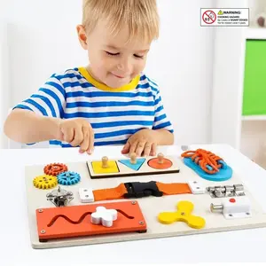 Wooden Busy Board for 3-6 Year Olds, Montessori Sensory Activity Board with Locks, Gears, Shoelaces, Shape Sorting, Safe Non-Toxic Material