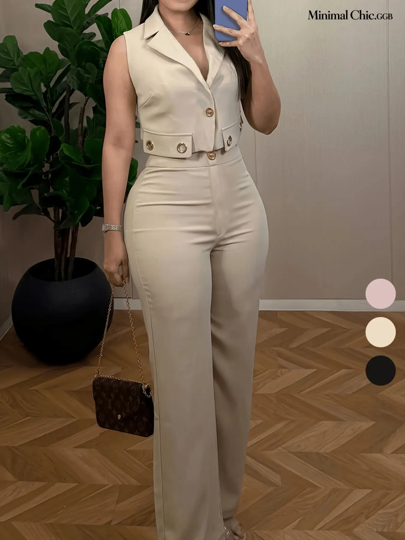 Women's Casual Elegant Two-Piece Set, Crop V-Neck Sleeveless Shirt and Wide-Leg Pants, Fitted, All Seasons, Perfect for Warm Weather