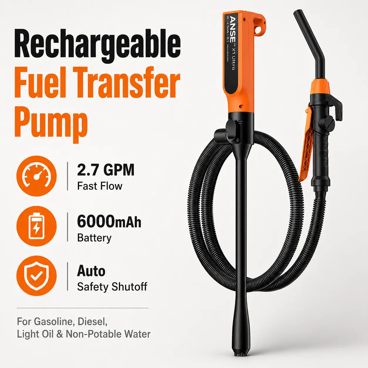 Rechargeable Fuel Transfer Pump with 2.7 GPM Fast Flow, 6000mAh Battery, Leak-Resistant Hose and Automatic Safety Shutoff for Gasoline, Diesel, Light Oil and Non-Potable Water