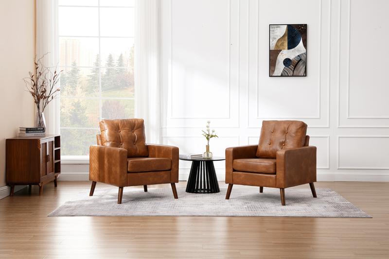 DAYALANE [Valentine's Day] Modern London Accent Chair Leather Armchair with Wood Legs Brown Upholstered 17.7" Tufted Backrest 9.8" Thick Cushion Compact Size Vegan Leather Sturdy Base - White
