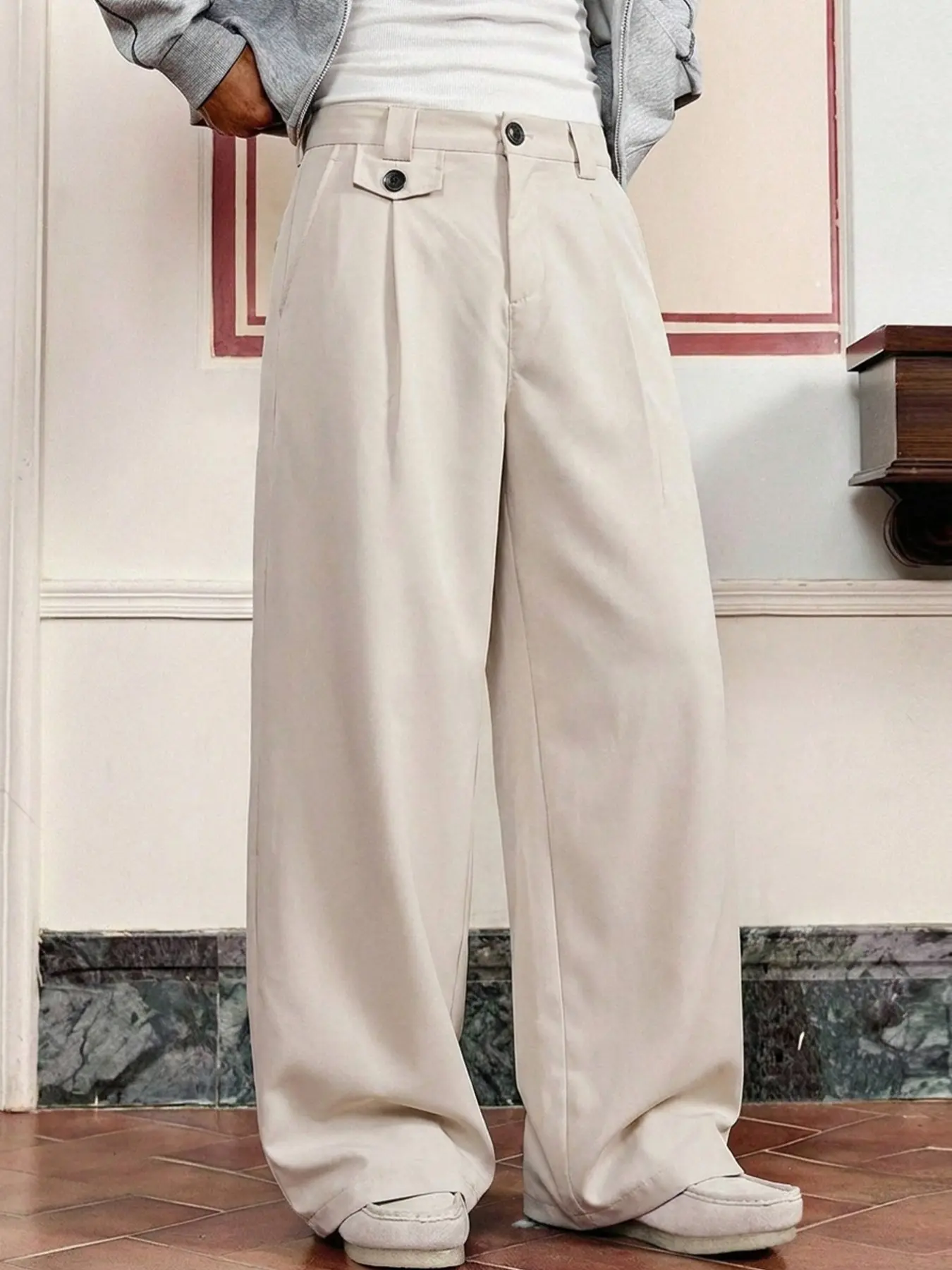 Men's High-Waisted Pleated Wide-Leg Pants, Flowy Loose Straight Business Casual Long Trousers, Ankle Length Drawstring Waist