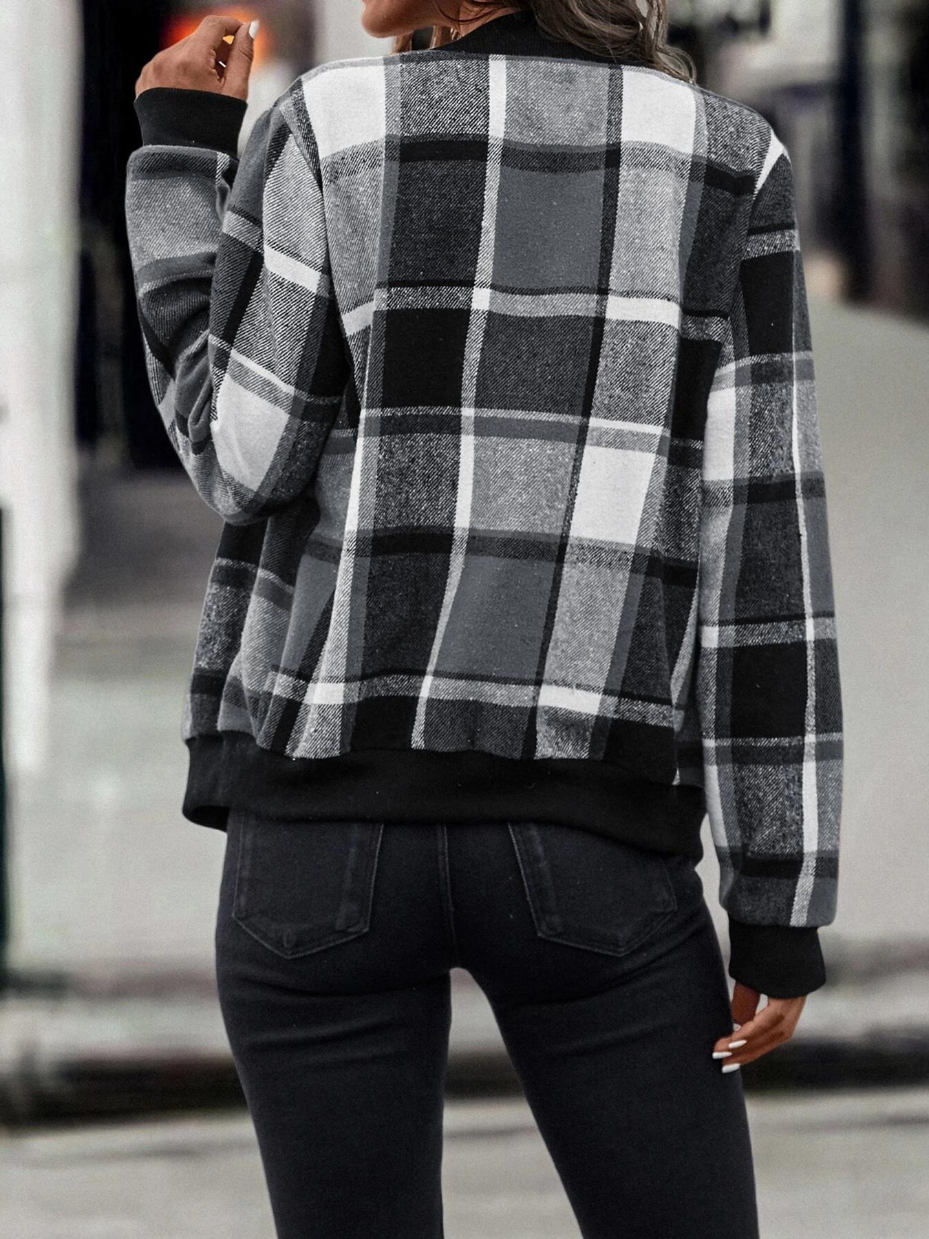 Women's Plaid Print Zip Up Bomber Jacket, Casual Long Sleeve Baseball Collar Outerwear for Spring & Fall, Ladies Clothes for Daily Wear, Casual Jackets, Zipper Jacket