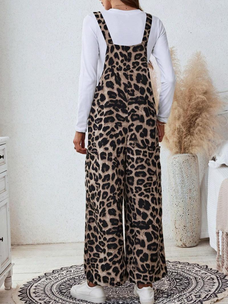 Valentine's Day Women's Casual Leopard Print Loose Jumpsuit, Woven Fabric, Moderate Thickness, All Seasons Wear, Fitted Style, Pocket Design