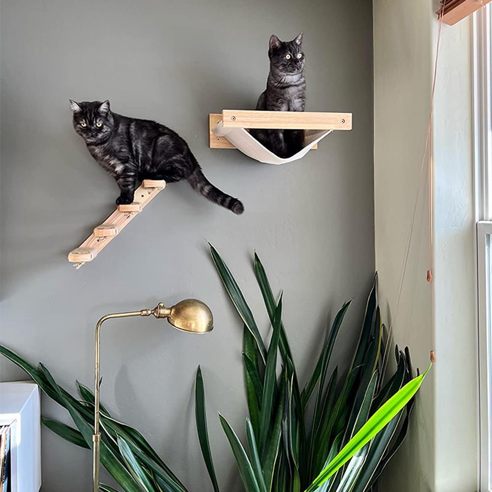 3pcs Wall Mounted Cat Hammock Shelves With Scratching Posts Step Ladder Set For Indoor Cat Wall Furnitures Climbing Playing  Made Of Pine Wood Home Animal