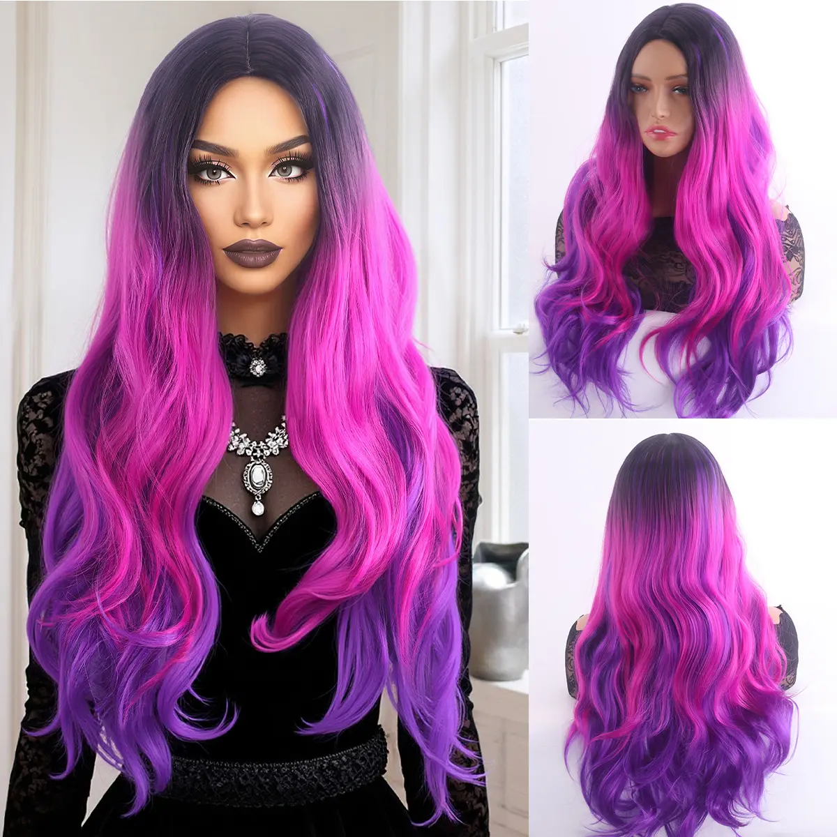 30in Long Loose Wavy Ombre Synthetic Wig for Women, Dark Purple Root to Hot Pink to Bright Purple Gradient Wig, Middle Part Colorful Costume Wig for Halloween Cosplay Theme Party Photo Dress‑up
